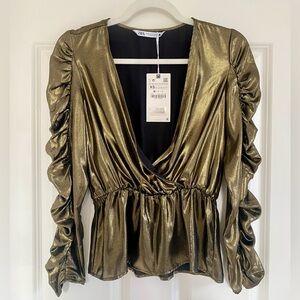 Zara Metallic Gold Lamé Peplum Top with Ruched Long Sleeves